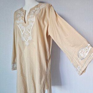 NATORI Cotton Embroidered Poplin Long-Line Tunic Top Long Sleeve Beige